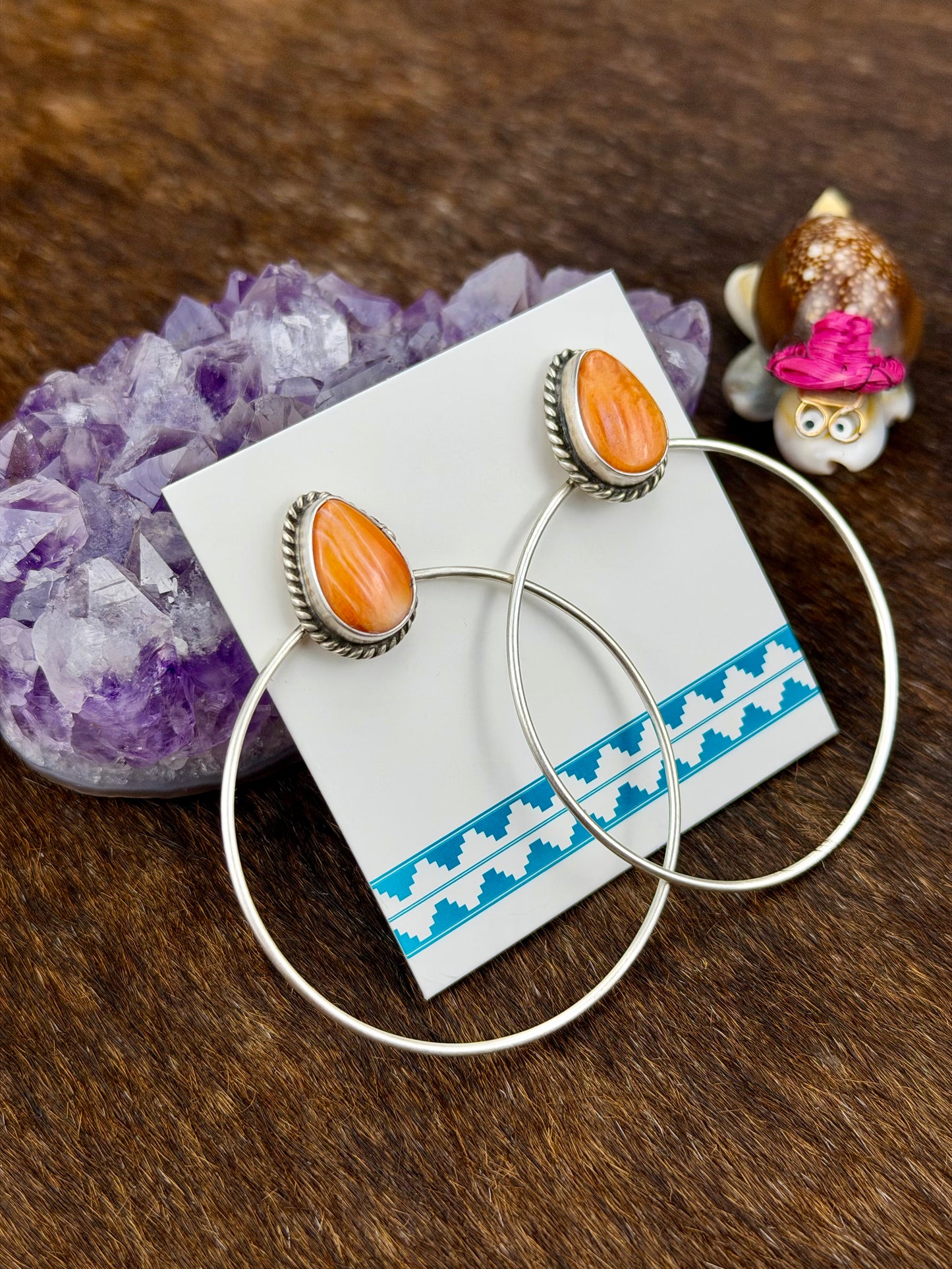 Orange Spiny Teardrop Hoop Sterling Silver Earrings
