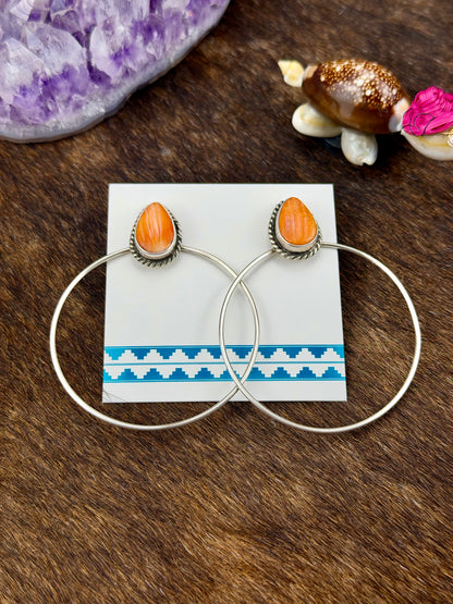 Orange Spiny Teardrop Hoop Sterling Silver Earrings