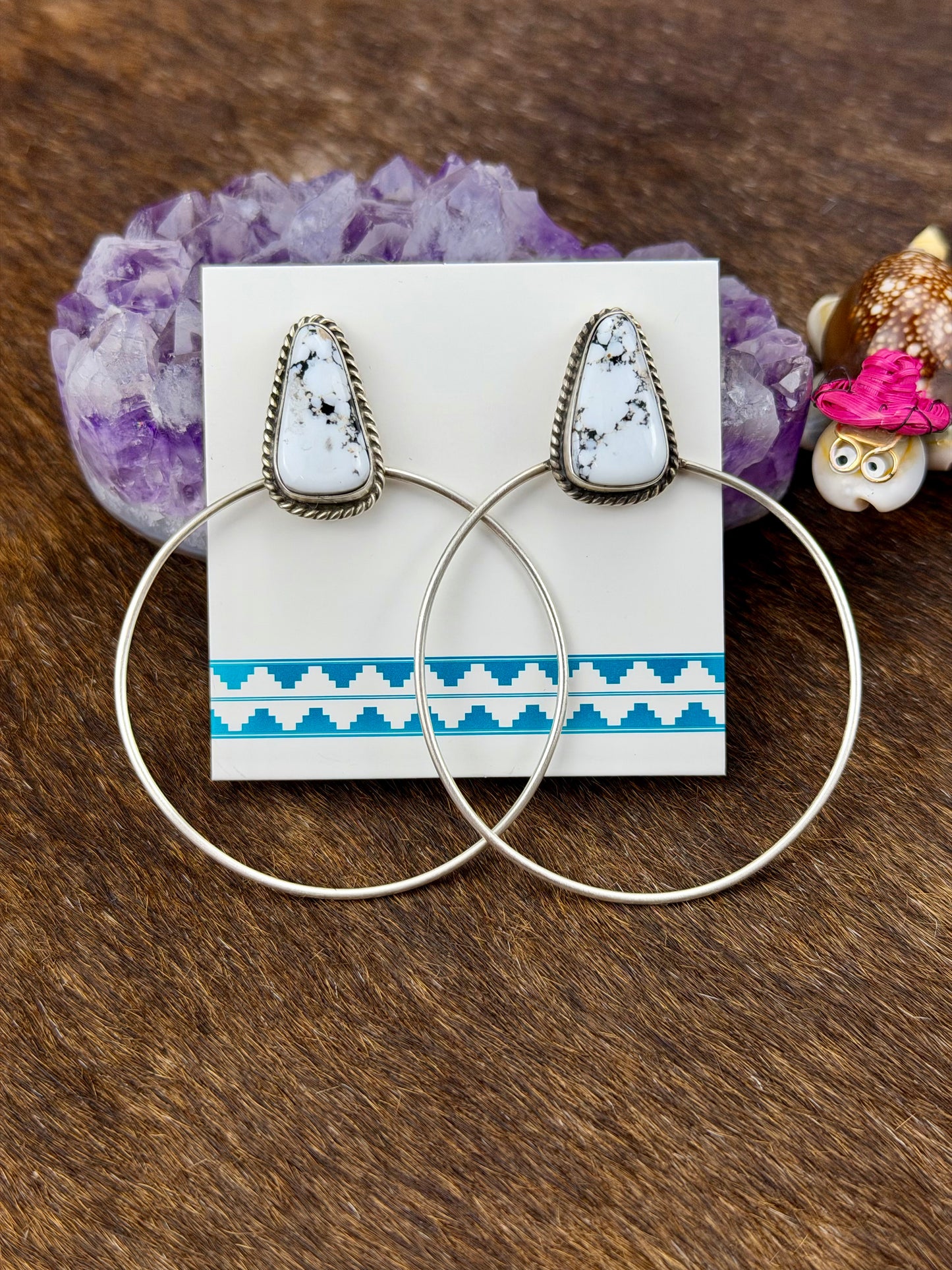 White Buffalo Hoop Sterling Silver Earrings