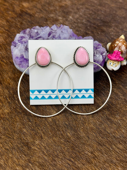 Pink Conch Teardrop Hoop Sterling Silver Earrings
