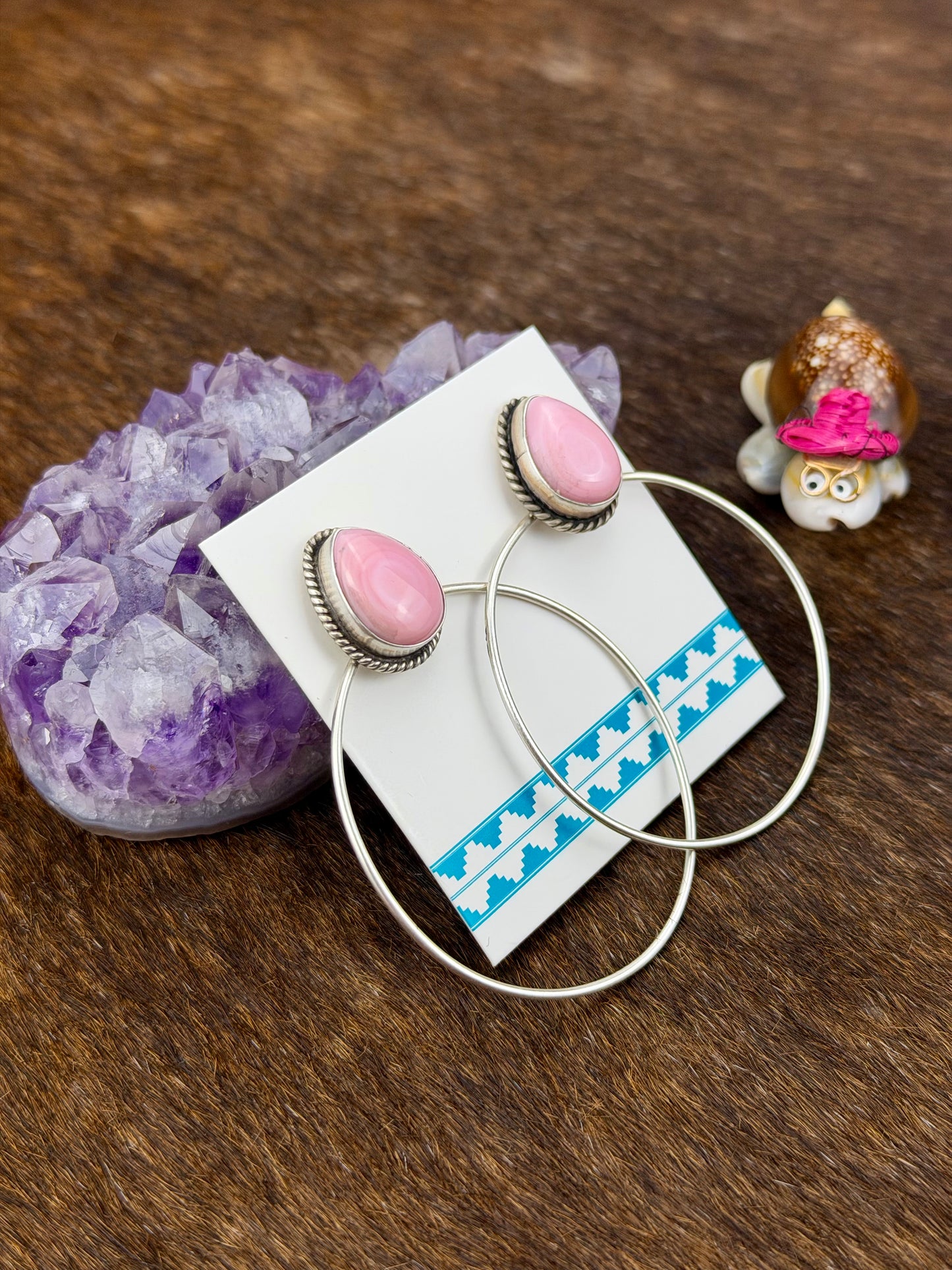 Pink Conch Teardrop Hoop Sterling Silver Earrings