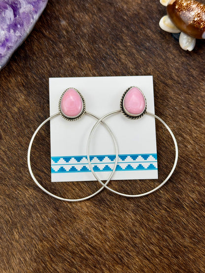Pink Conch Teardrop Hoop Sterling Silver Earrings