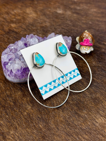 Kingman Turquoise Teardrop Hoop Sterling Silver Earrings