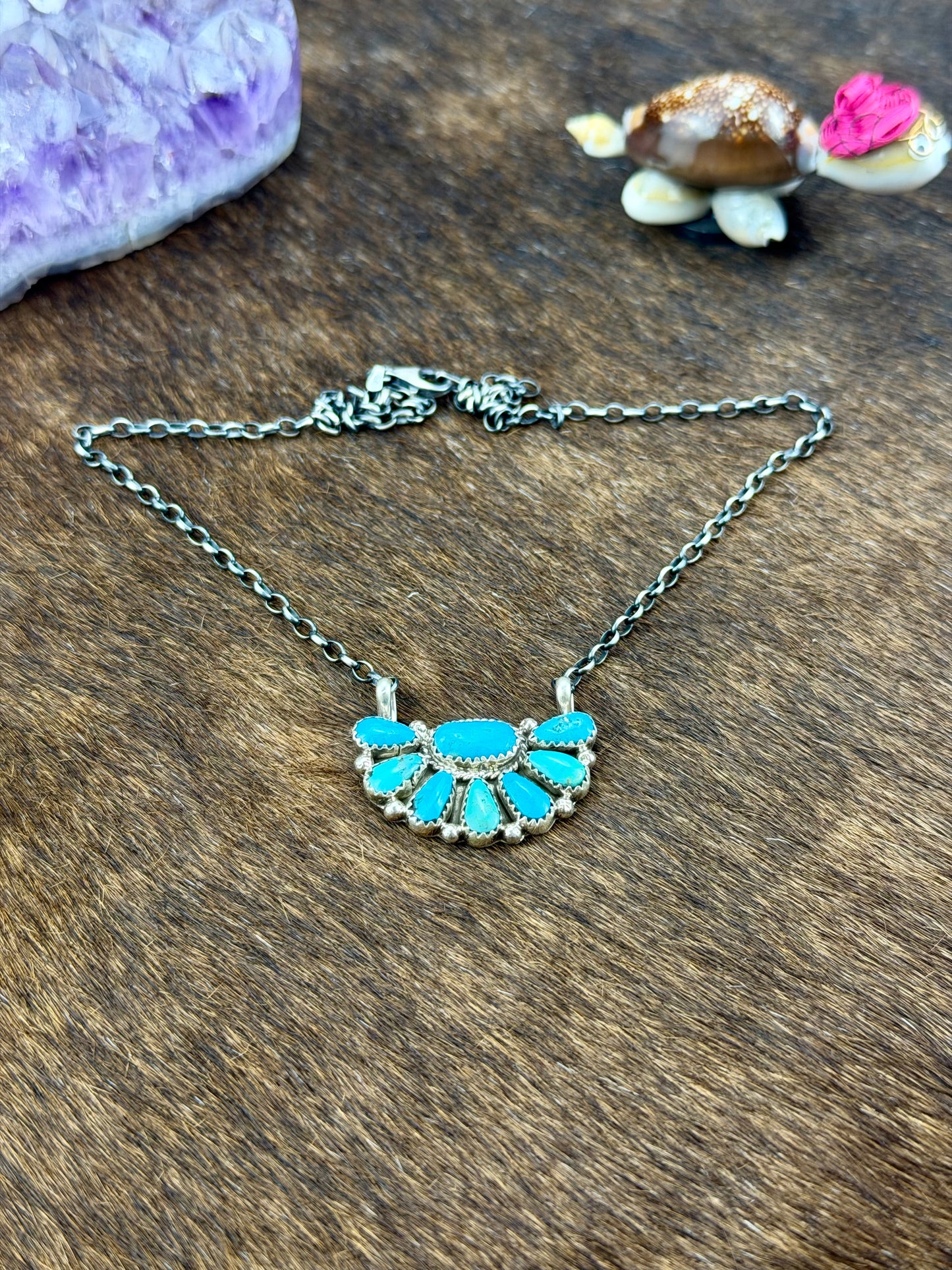 Kingman Turquoise Half Cluster Sterling Silver Necklace