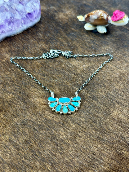 Kingman Turquoise Half Cluster Sterling Silver Necklace