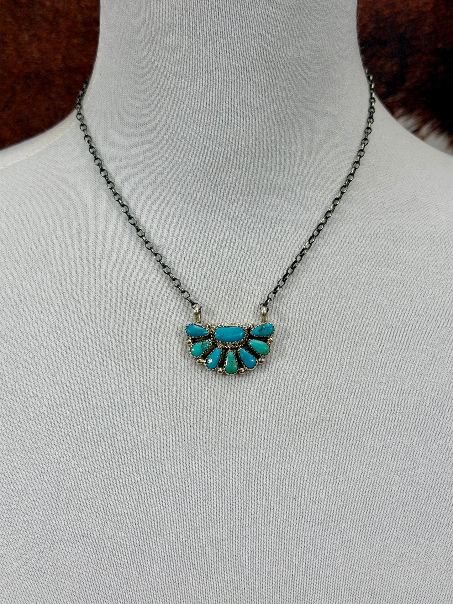 Kingman Turquoise Half Cluster Sterling Silver Necklace