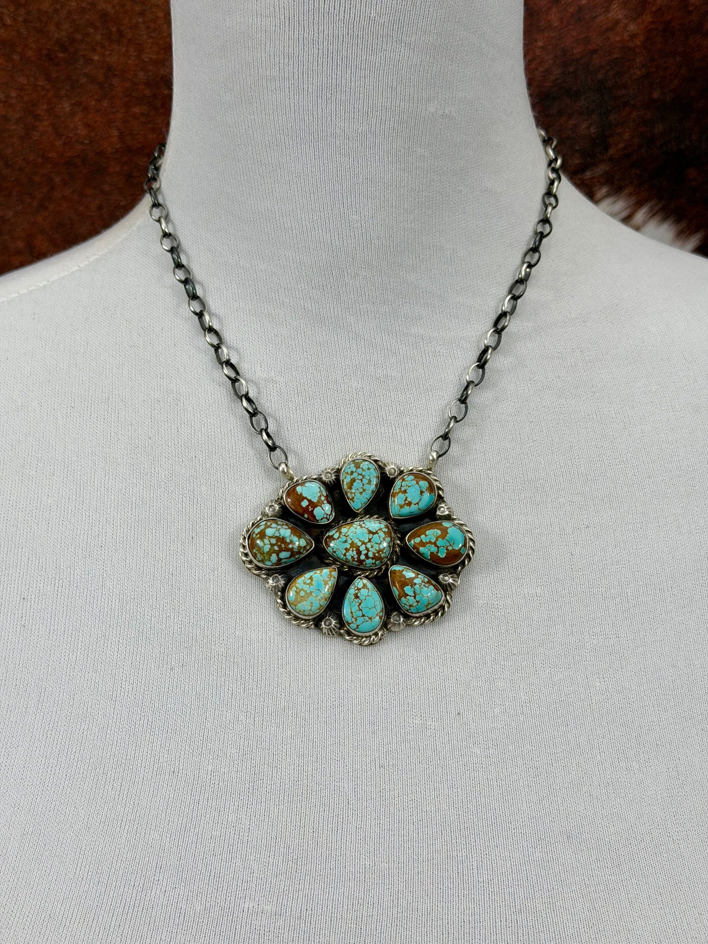 #8 Turquoise Cluster Sterling Silver Necklace