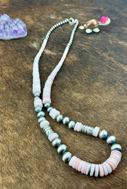 Pink Conch Disc Sterling Pearl Necklace