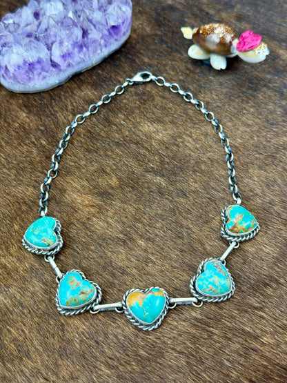 Kingman Turquoise Heart 5 Stone Sterling Silver Choker