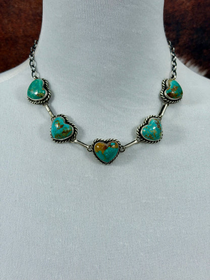 Kingman Turquoise Heart 5 Stone Sterling Silver Choker