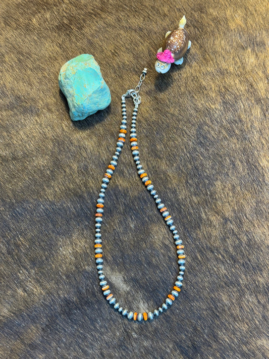 One Stone Orange Spiny and Navajo Style Pearl Necklace
