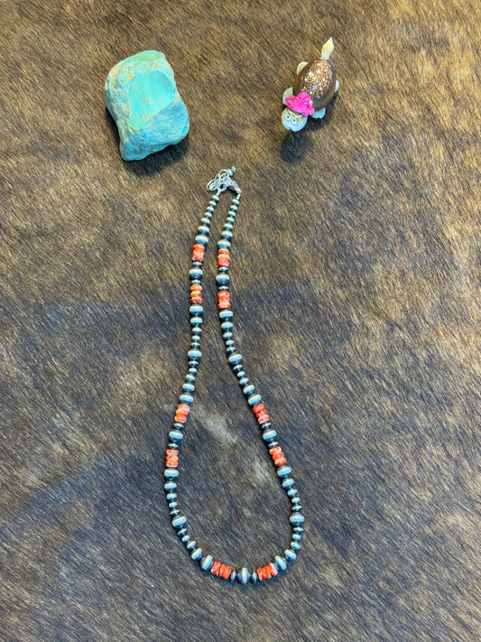 Three Stone Orange Spiny and Navajo Style Bead Necklace