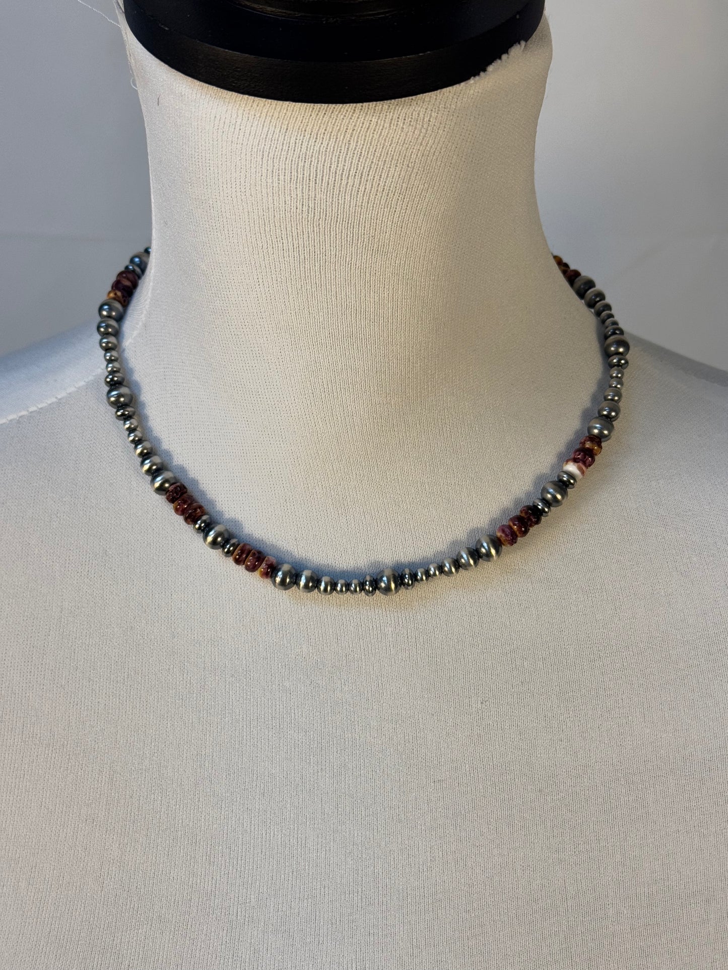 Three Stone Purple Spiny and Navajo Style Bead Necklace