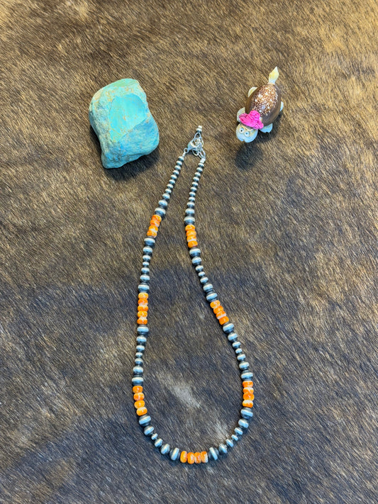 Four Stone Orange Spiny and Navajo Style Bead Necklace