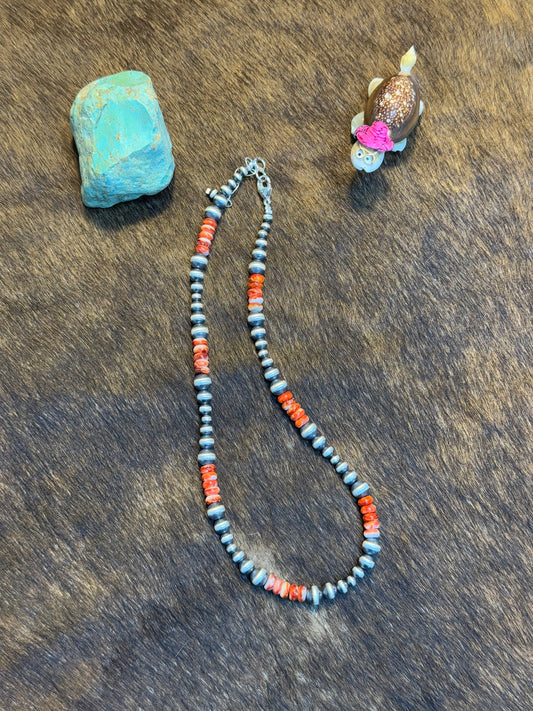Five Stone Red Spiny and Navajo Style Bead Necklace