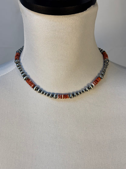 Five Stone Red Spiny and Navajo Style Bead Necklace