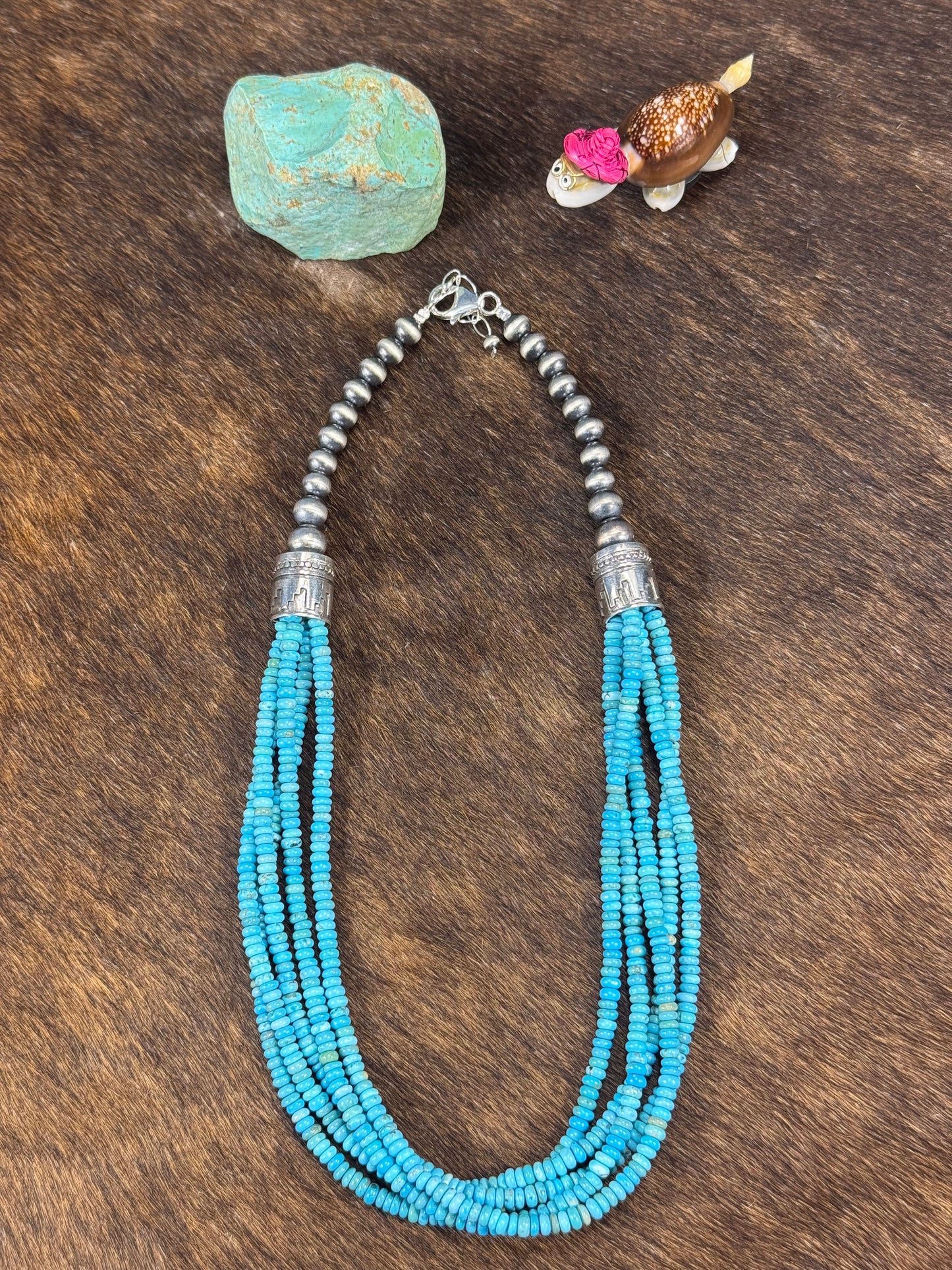 Sterling Pearl & Kingman Bead Necklace 5 Strand 20"