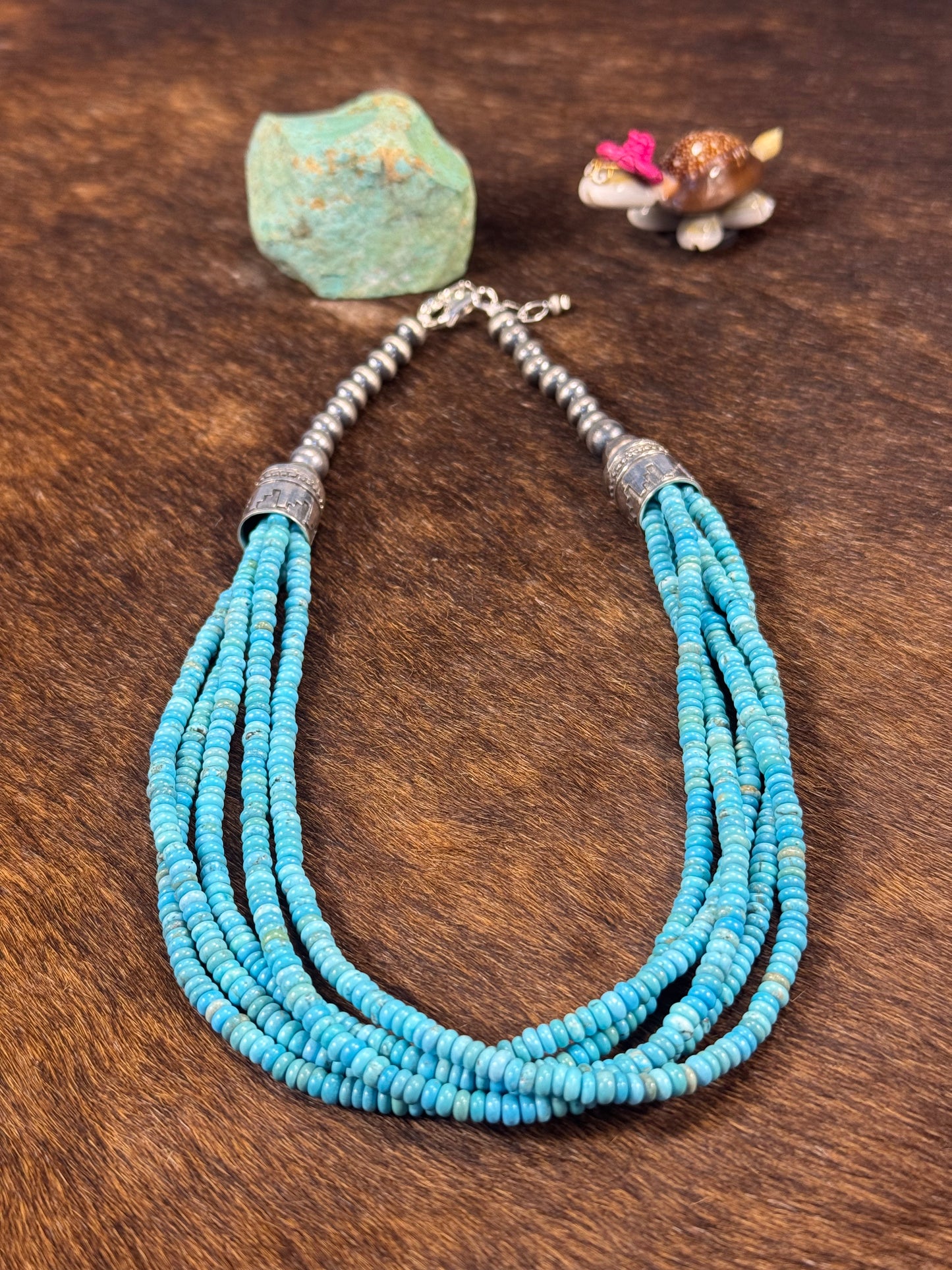 Sterling Pearl & Kingman Bead Necklace 5 Strand 20"