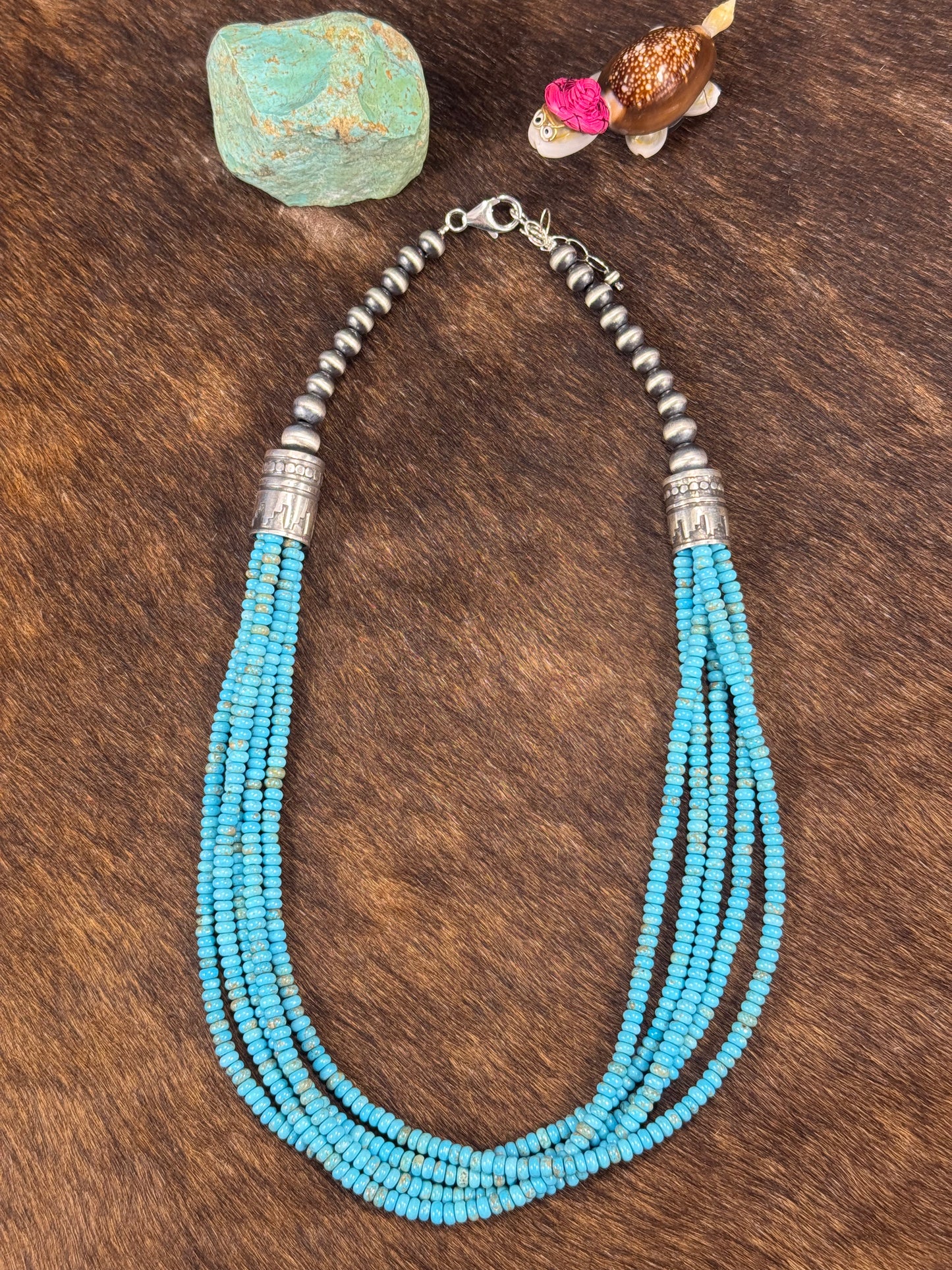 Sterling Pearl & Kingman Bead Necklace 5 Strand 22"