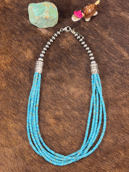 Sterling Pearl & Kingman Bead Necklace 5 Strand 22"