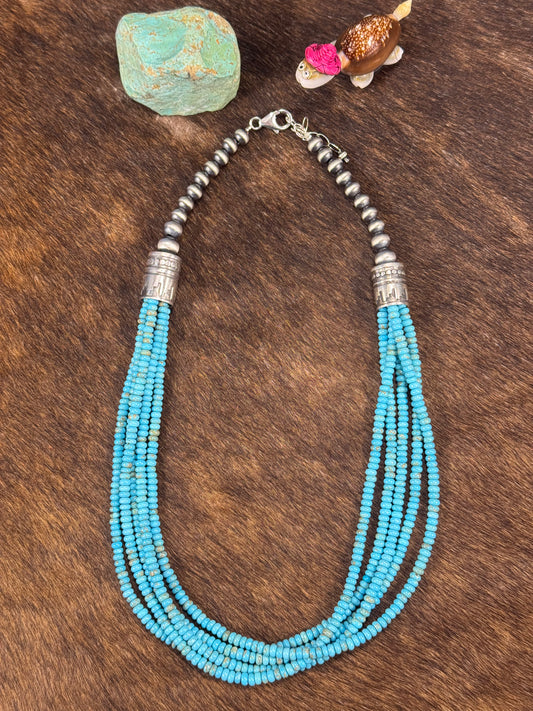 Sterling Pearl & Kingman Bead Necklace 5 Strand 22"