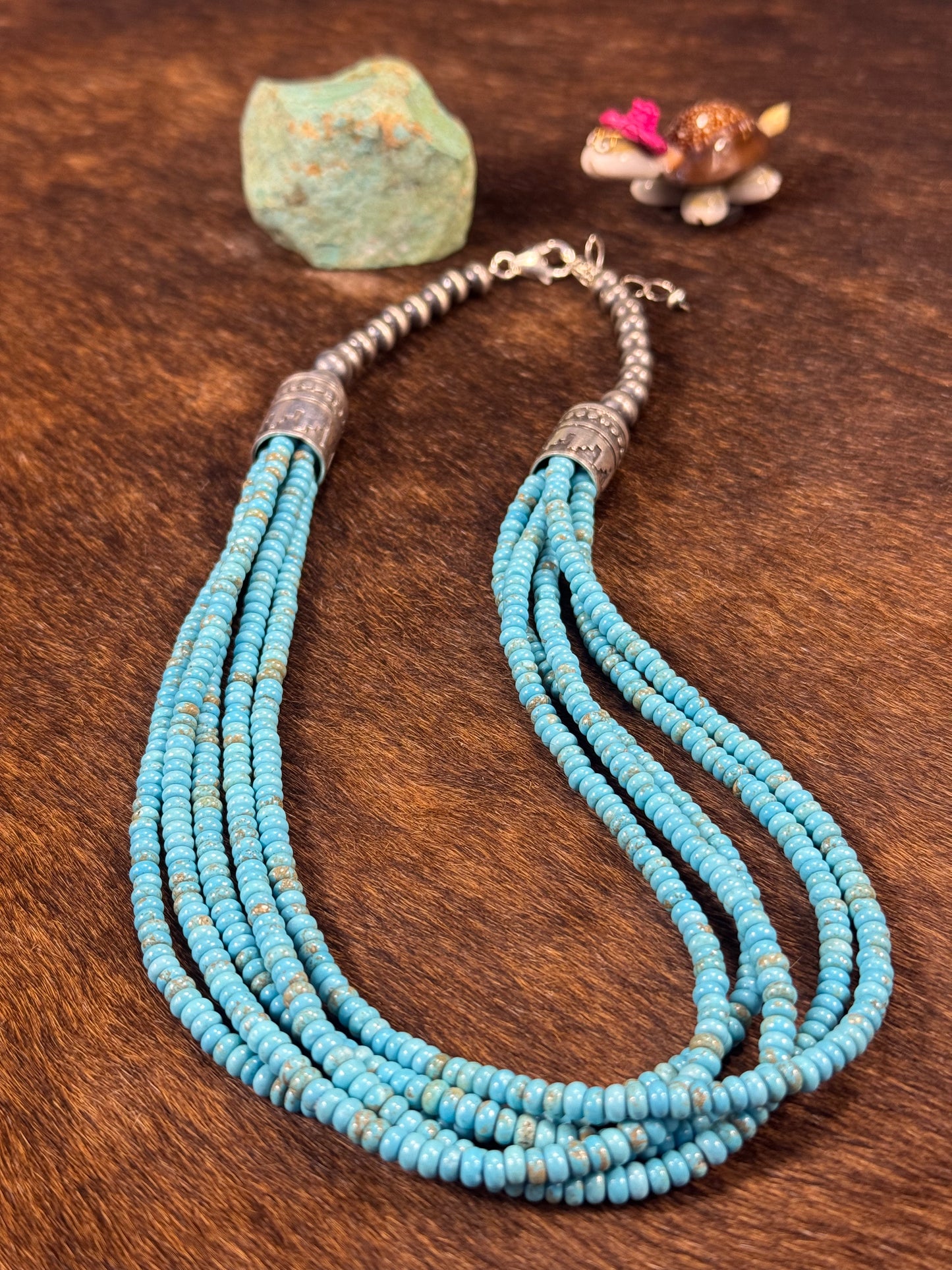 Sterling Pearl & Kingman Bead Necklace 5 Strand 22"