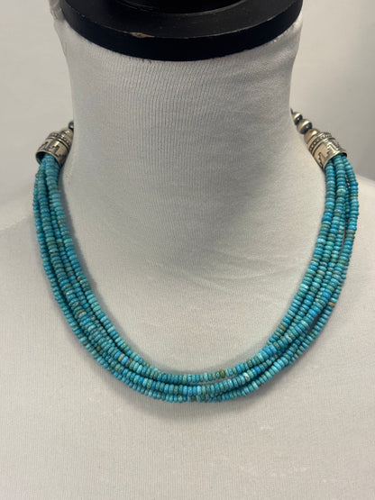 Sterling Pearl & Kingman Bead Necklace 5 Strand 20"