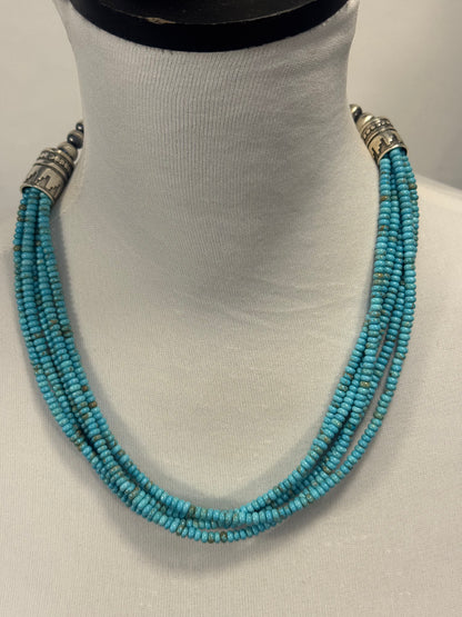 Sterling Pearl & Kingman Bead Necklace 5 Strand 22"