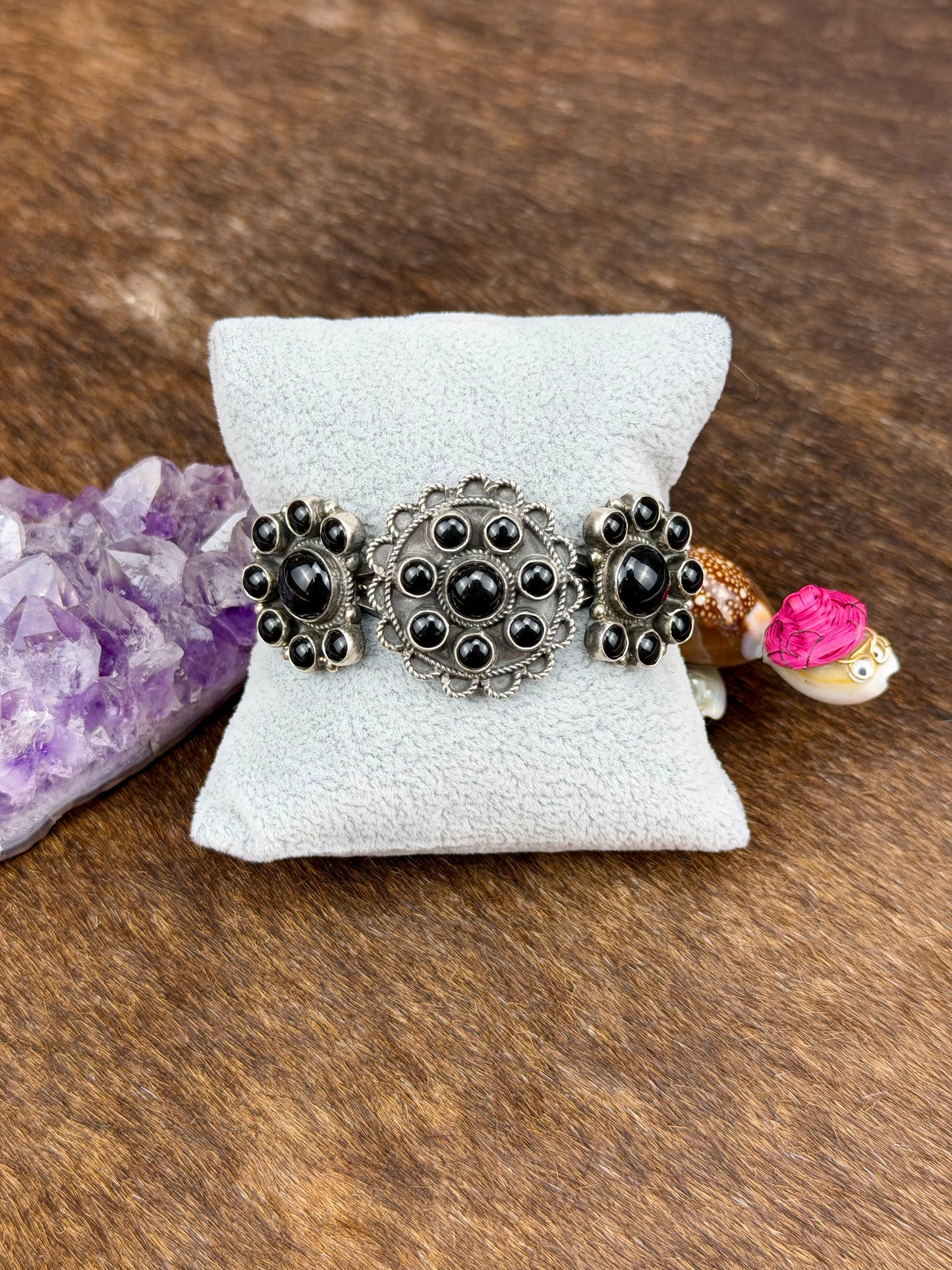Black Onyx Sterling Silver Triple Cluster Cuff