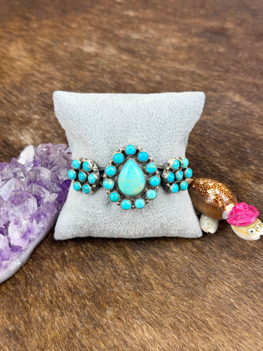 Kingman Turquoise Sterling Silver Floral Teardrop Cuff