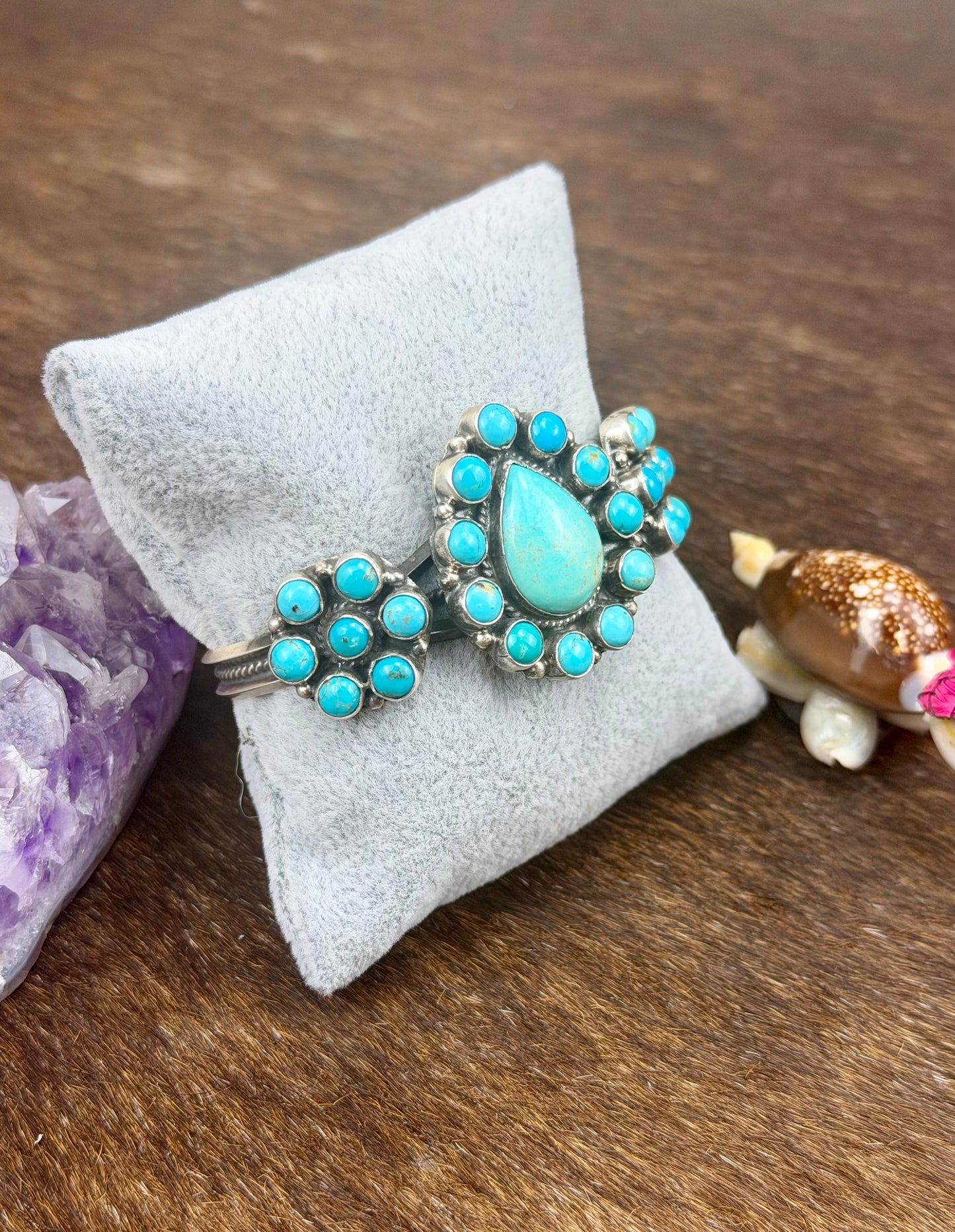 Kingman Turquoise Sterling Silver Floral Teardrop Cuff