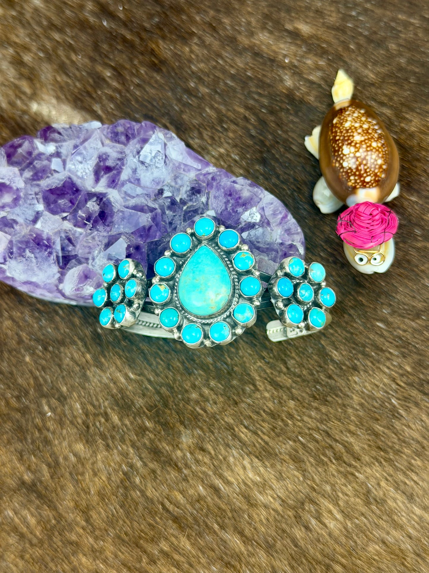Kingman Turquoise Sterling Silver Floral Teardrop Cuff
