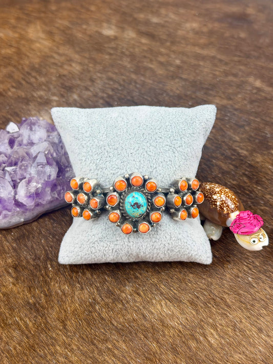 Orange Spiny and Kingman Turquoise Floral Cuffs