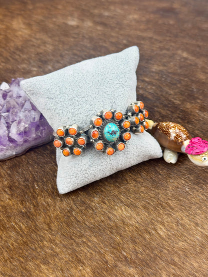 Orange Spiny and Kingman Turquoise Floral Cuffs
