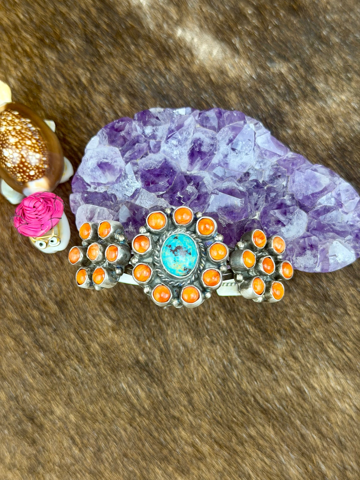 Orange Spiny and Kingman Turquoise Floral Cuffs