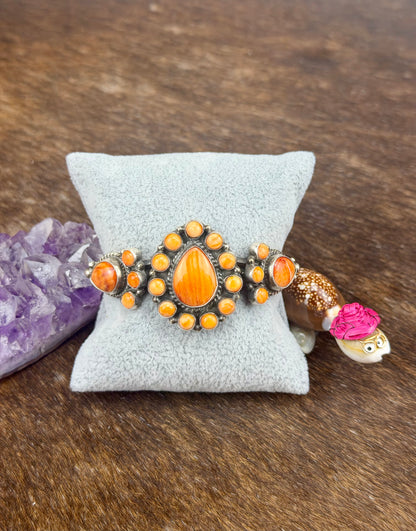 Orange Spiny Sterling Silver Floral Teardrop Cuff