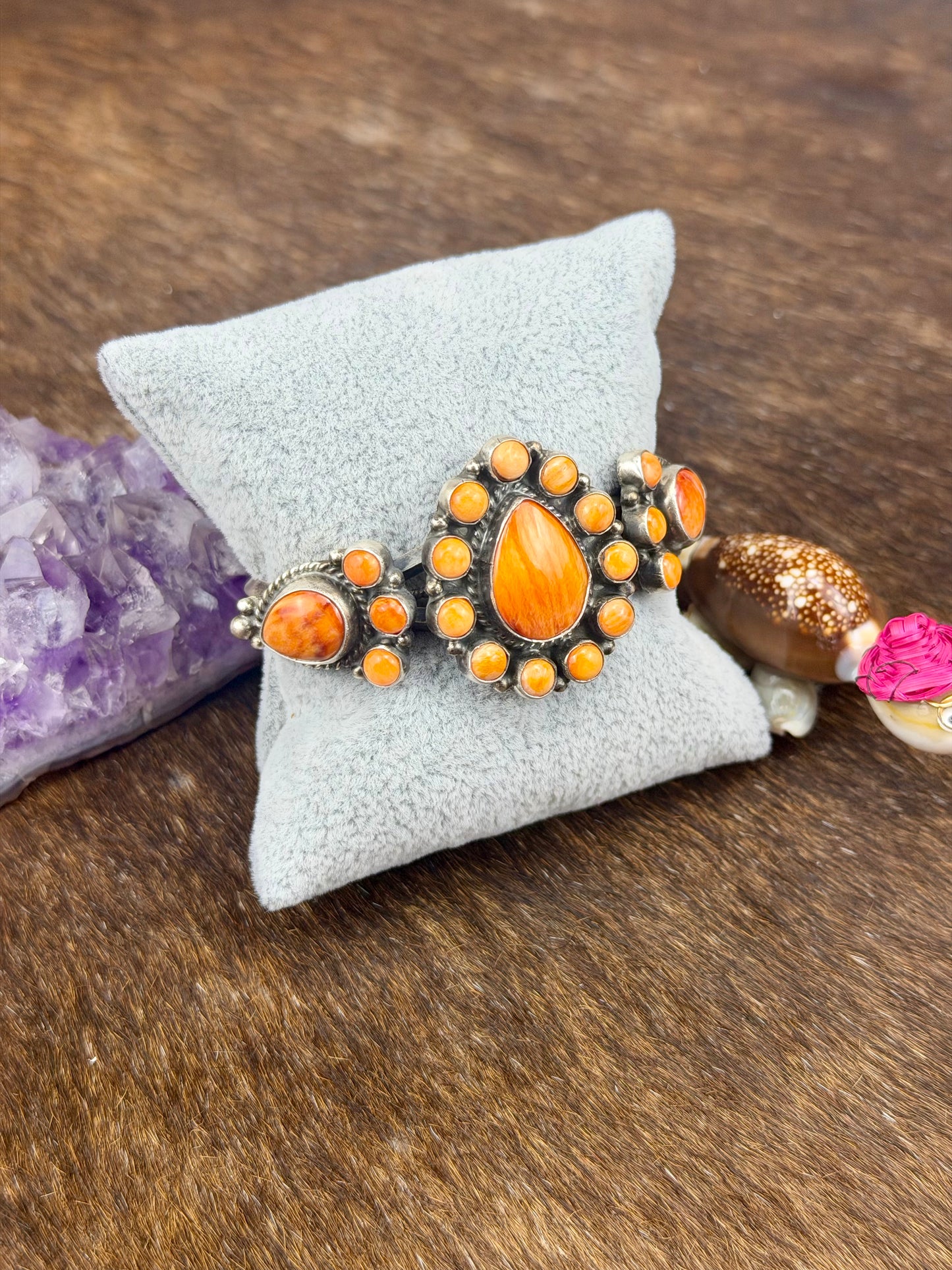 Orange Spiny Sterling Silver Floral Teardrop Cuff