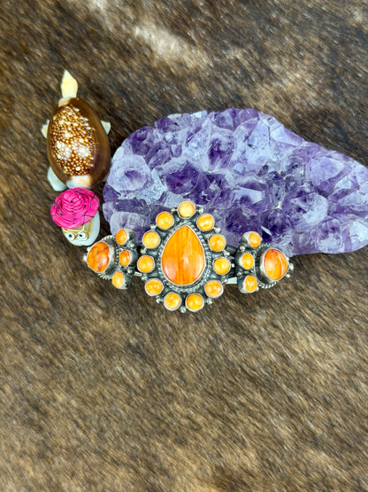 Orange Spiny Sterling Silver Floral Teardrop Cuff