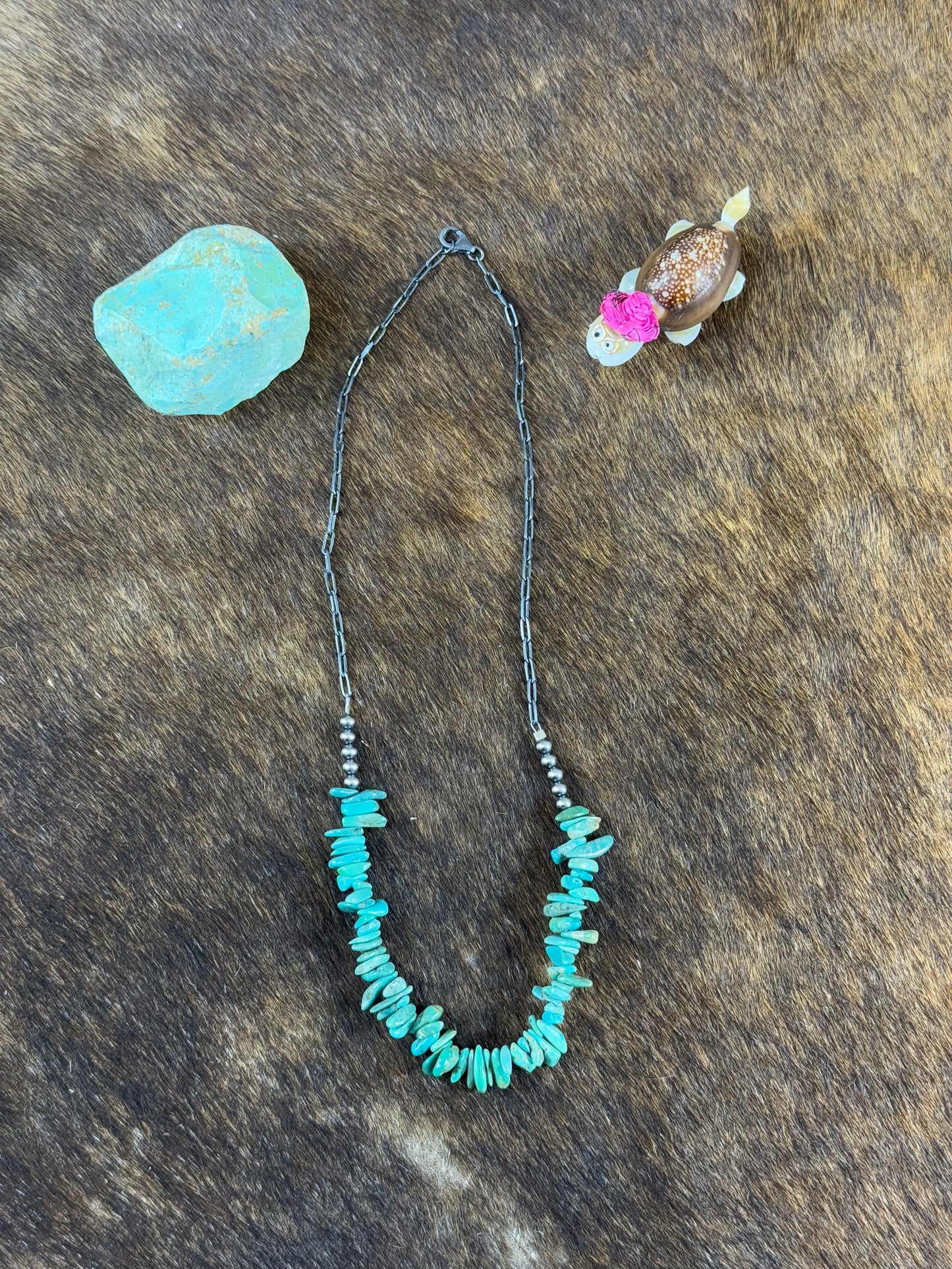 Green Kingman Turquoise Nugget and Sterling Silver Chain Necklace
