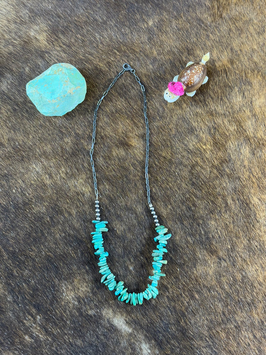 Green Kingman Turquoise Nugget and Sterling Silver Chain Necklace