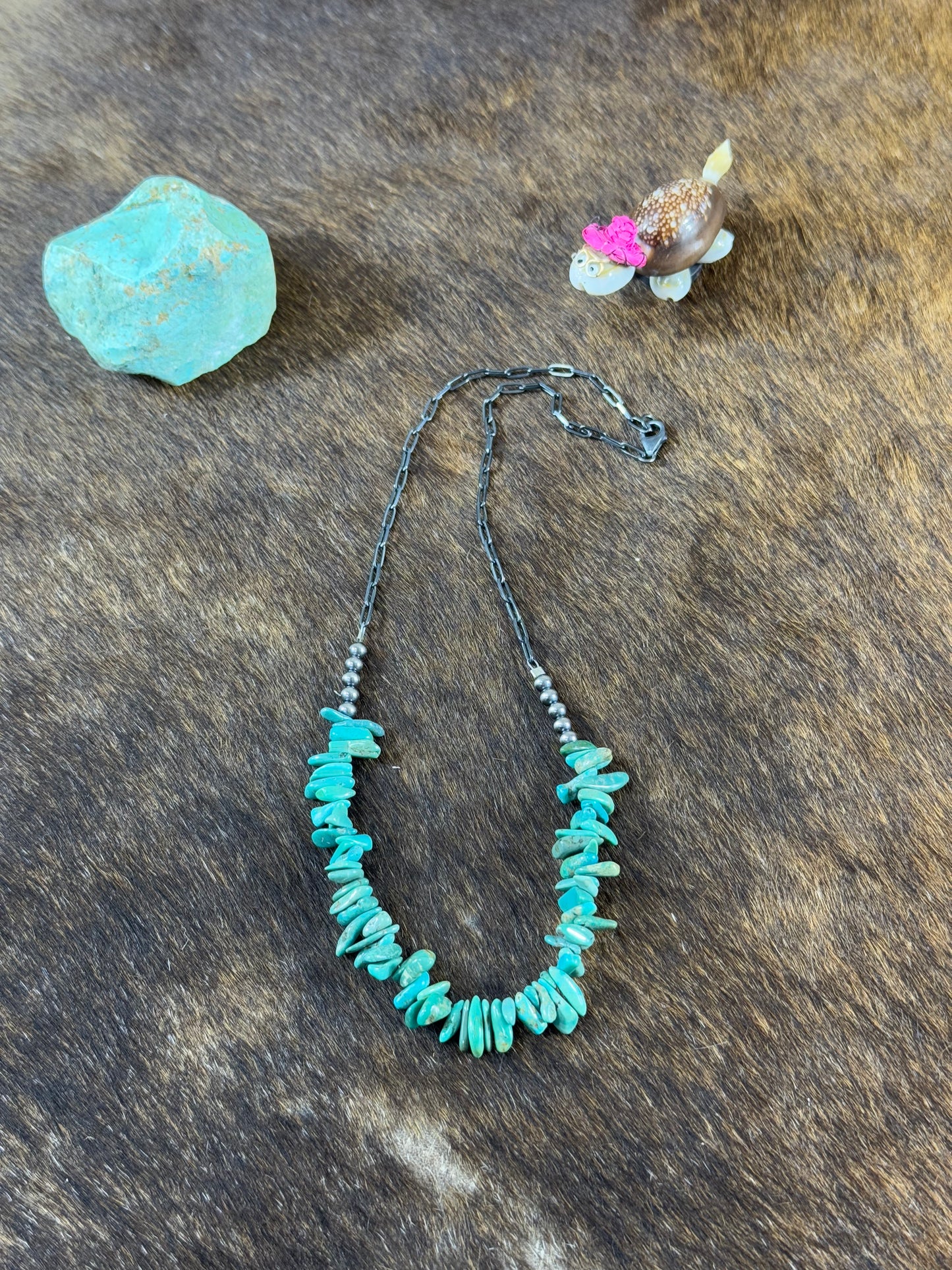 Green Kingman Turquoise Nugget and Sterling Silver Chain Necklace