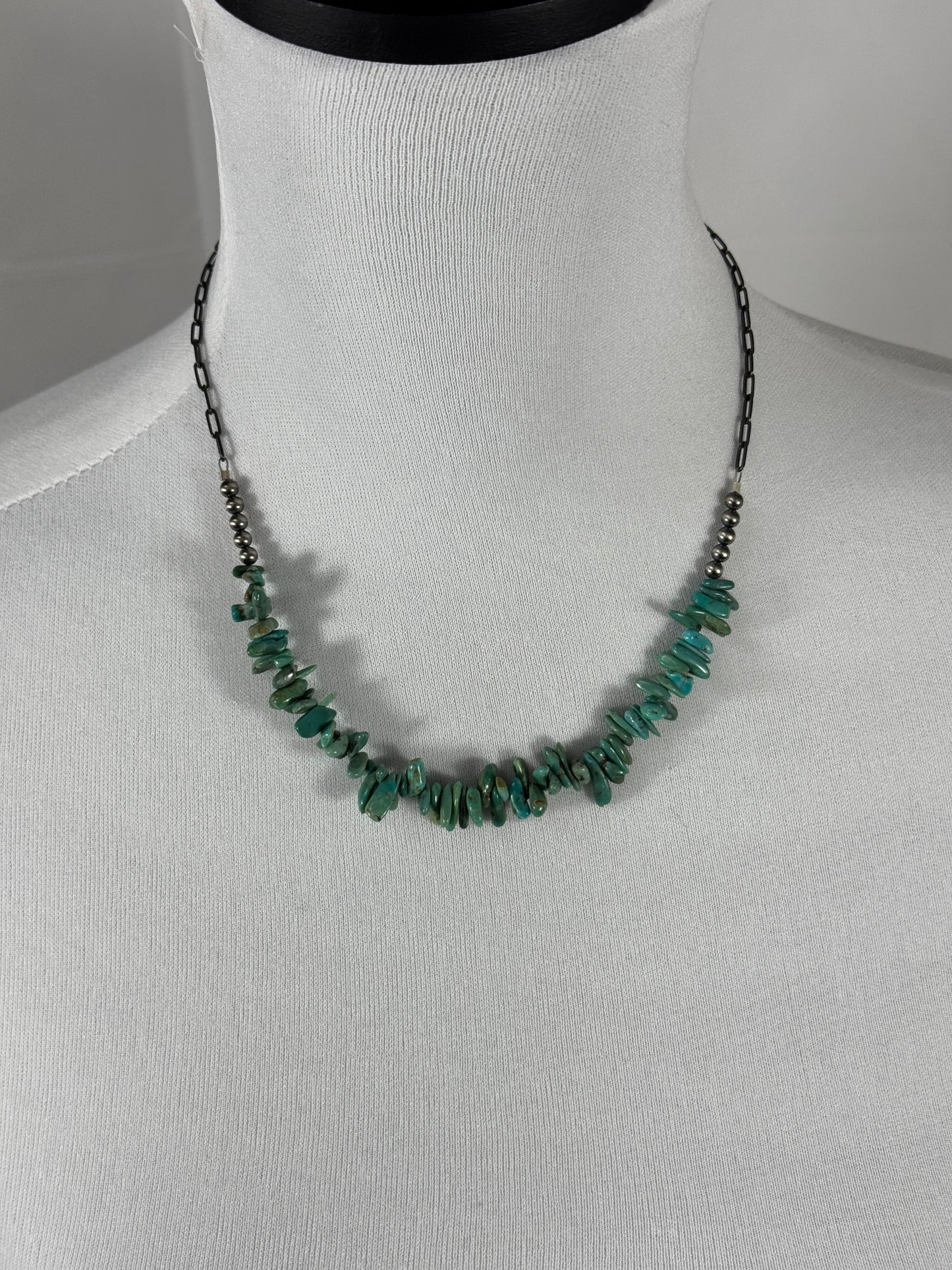 Green Kingman Turquoise Nugget and Sterling Silver Chain Necklace