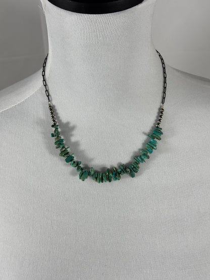 Green Kingman Turquoise Nugget and Sterling Silver Chain Necklace