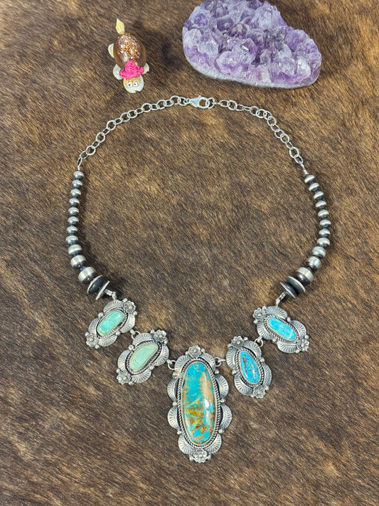 Kingman Turquoise and Sterling Pearl Necklace