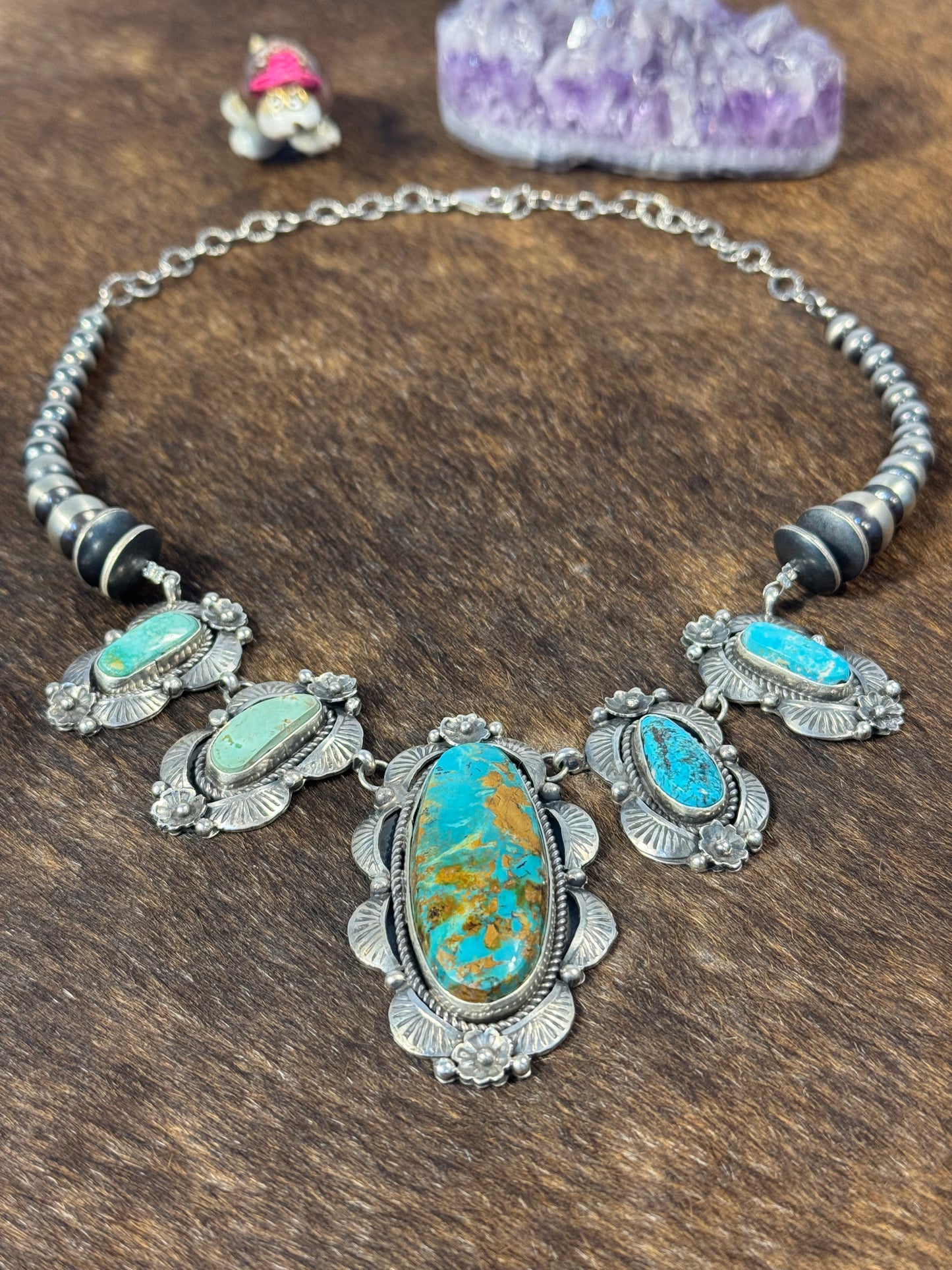 Kingman Turquoise and Sterling Pearl Necklace