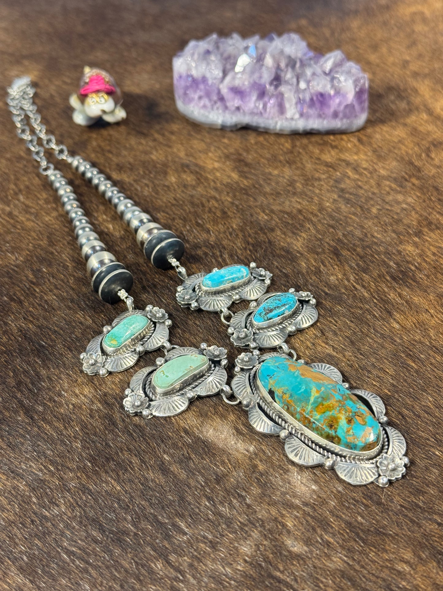 Kingman Turquoise and Sterling Pearl Necklace