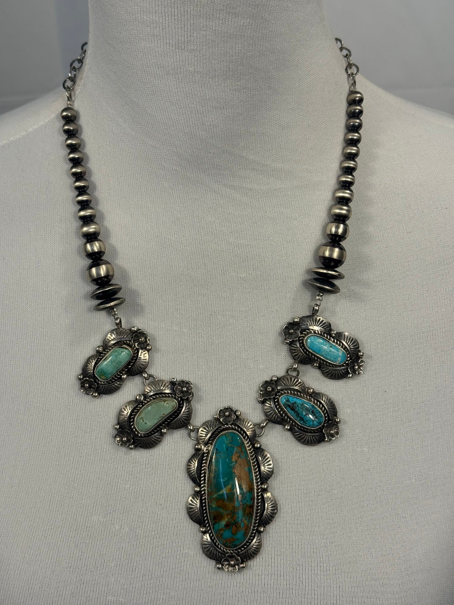 Kingman Turquoise and Sterling Pearl Necklace