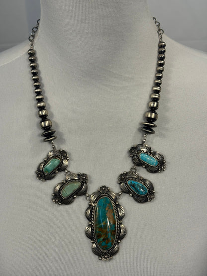 Kingman Turquoise and Sterling Pearl Necklace