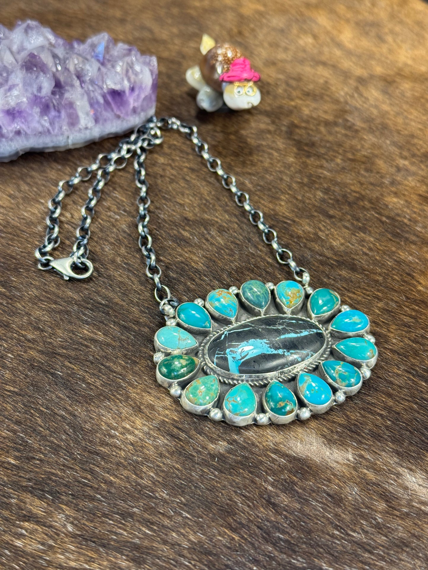 Kingman Turquoise and Black Jack Cluster Pendant