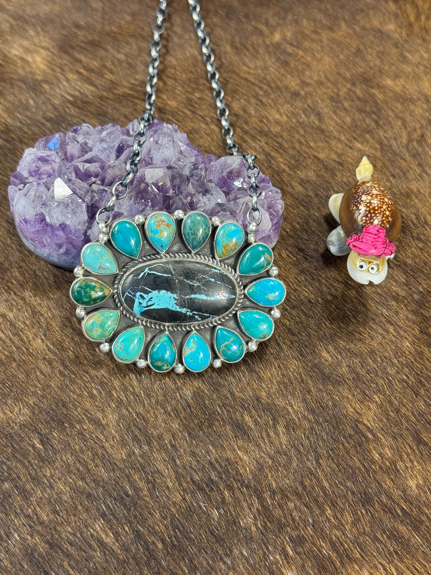 Kingman Turquoise and Black Jack Cluster Pendant